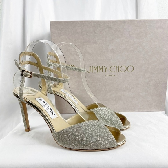 Jimmy Choo Sacora Dusty Glitter Open Toe Heels in Platinum Ice EU 39.5 - Picture 1 of 11